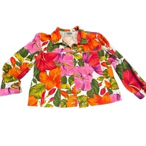 Chico’s Design size 2 Floral Tropical‎ Hibiscus Pink & Orange Denim Jacket